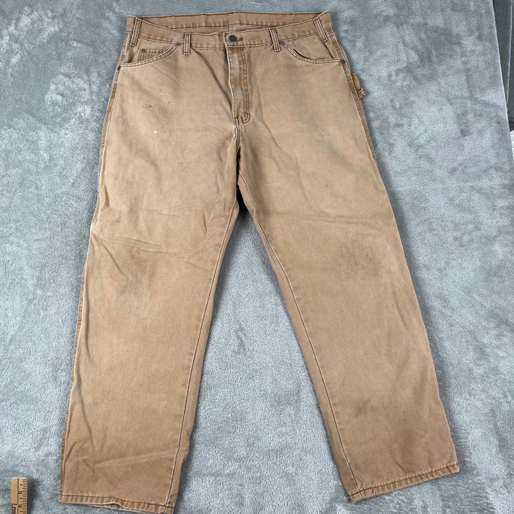 Dickies Mens Carpenter Pants Tan Workwear Size 36x30 Relaxed Fit Distressed